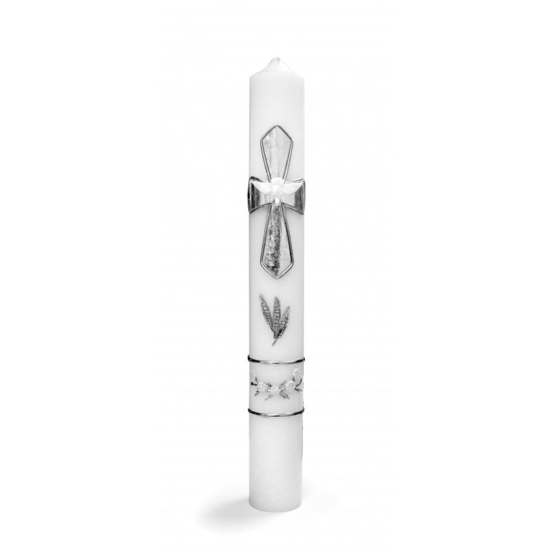 12" White Baptism Candle with Silver Cross and Holy Spirit