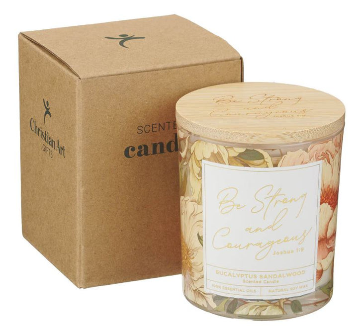 Be Strong and Courageous Eucalyptus Sandalwood Scented Candle in a Glass Jar - Joshua 1:9