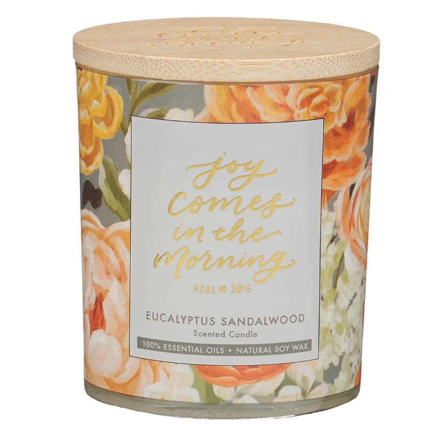 Joy Comes in the Morning Eucalyptus Sandalwood Scented Candle in a Glass Jar - Psalm 30:5
