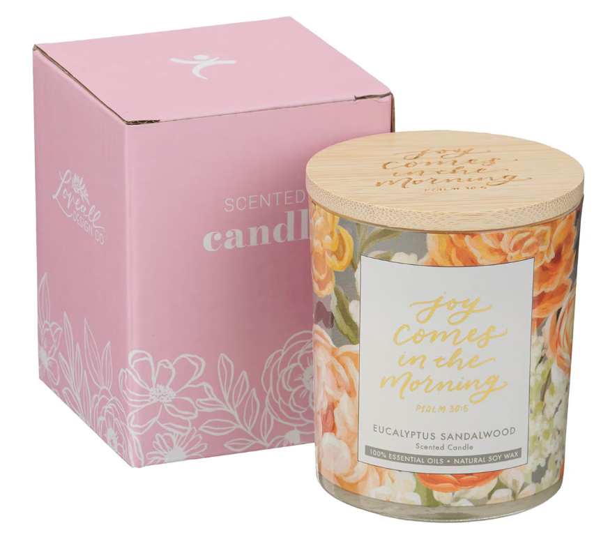 Joy Comes in the Morning Eucalyptus Sandalwood Scented Candle in a Glass Jar - Psalm 30:5