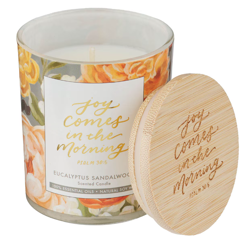 Joy Comes in the Morning Eucalyptus Sandalwood Scented Candle in a Glass Jar - Psalm 30:5