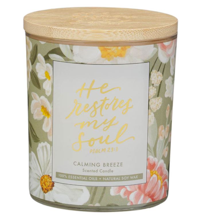 He Restores My Soul Calming Breeze Scented Candle in a Glass Jar - Psalm 23:3
