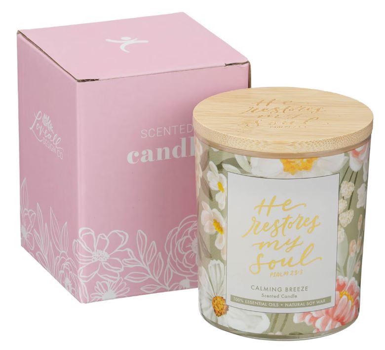 He Restores My Soul Calming Breeze Scented Candle in a Glass Jar - Psalm 23:3
