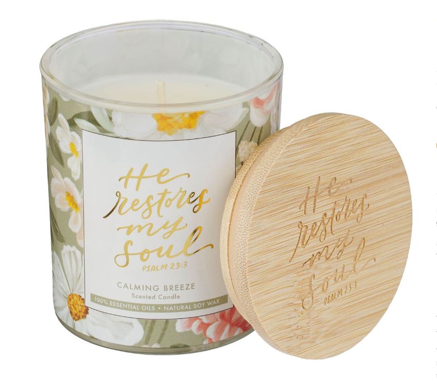 He Restores My Soul Calming Breeze Scented Candle in a Glass Jar - Psalm 23:3