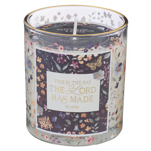This Is the Day Rose Geranium and Cedar Scented Candle in a Glass Jar - Psalm 118:24.