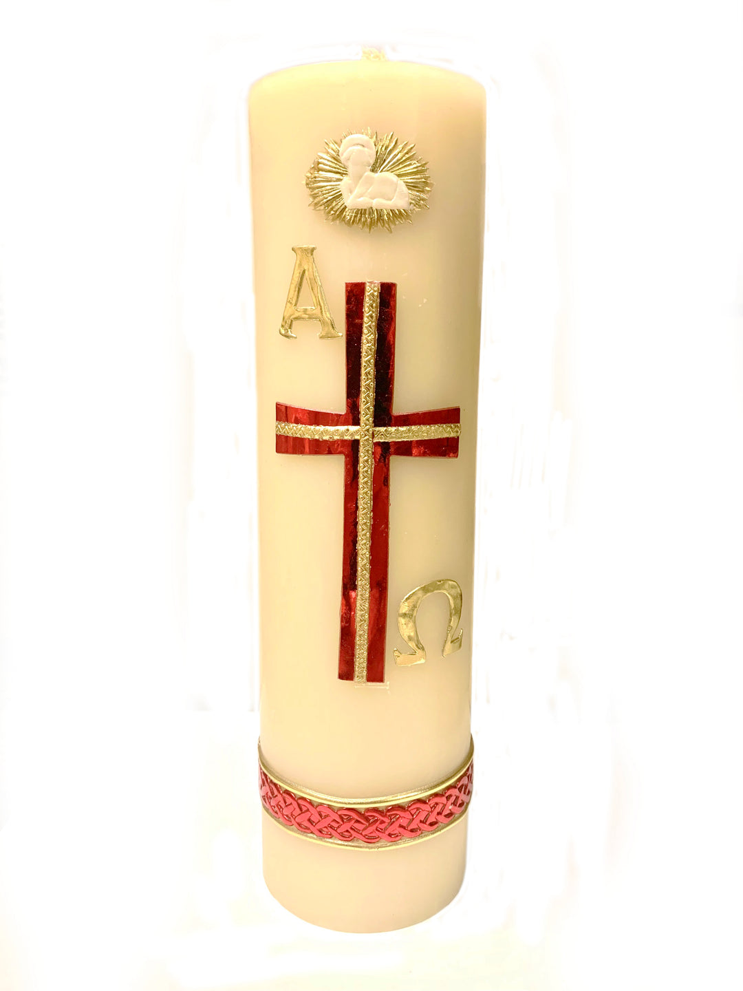 11"x3" Red and Gold Cross Cirio Candle with Lamb