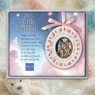Guardian Angel Pink Woven Ribbon Crib Medal