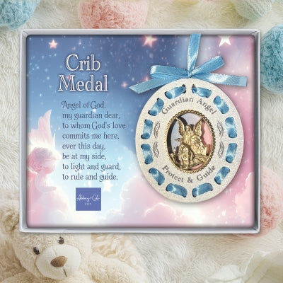 Guardian Angel Blue Woven Ribbon Crib Medal