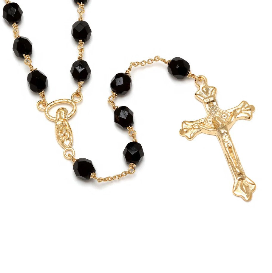 6mm Jet Black Czech Glass Gold Plated Rosary