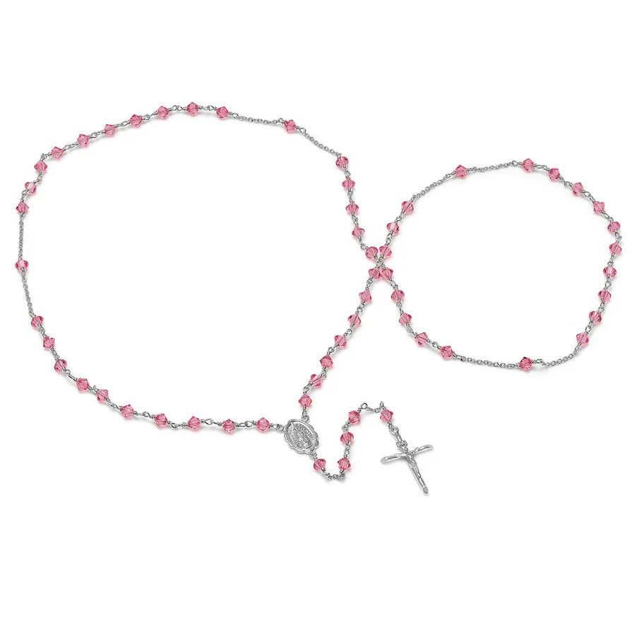 4mm Pink Austrian Crystal Rhodium Plated Rosary