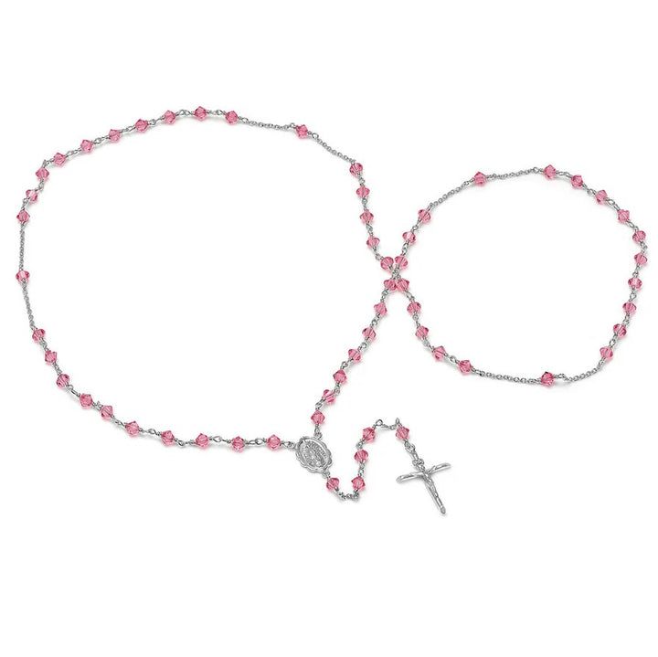 4mm Pink Austrian Crystal Rhodium Plated Rosary
