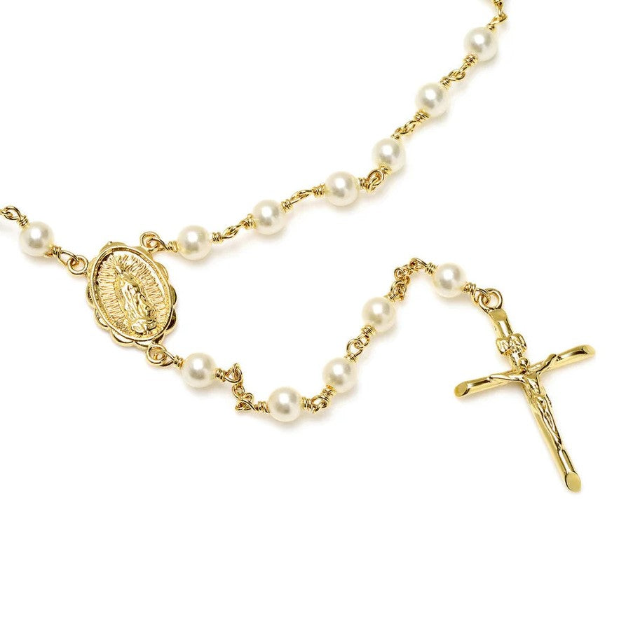 4mm Gold Plated Crystal Pearl Our Lady of Guadalupe Rosary