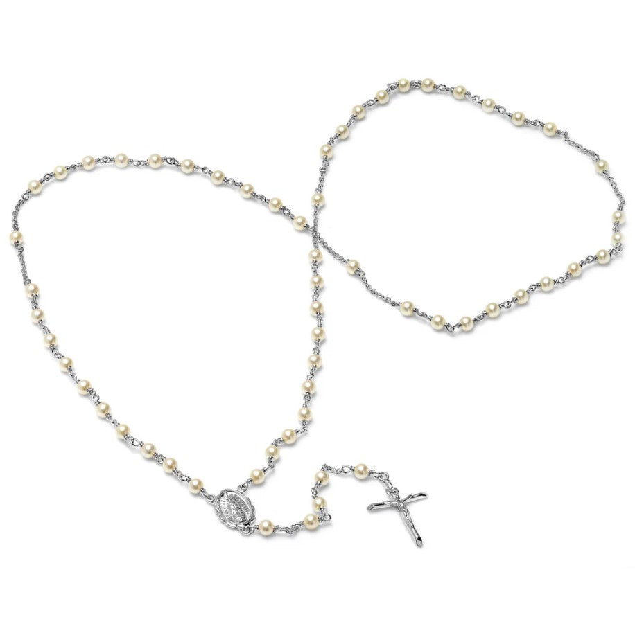 4mm Rhodium Plated Crystal Pearl Our Lady of Guadalupe Rosary