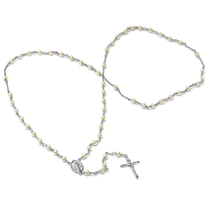 4mm Rhodium Plated Crystal Pearl Our Lady of Guadalupe Rosary