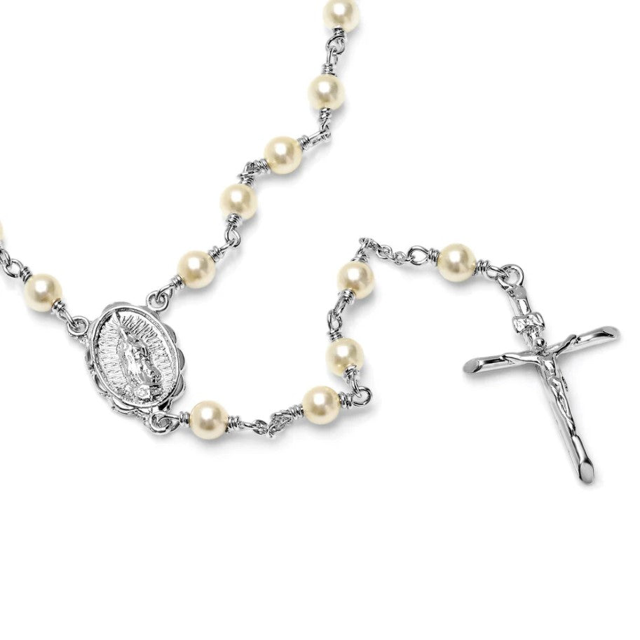 4mm Rhodium Plated Crystal Pearl Our Lady of Guadalupe Rosary