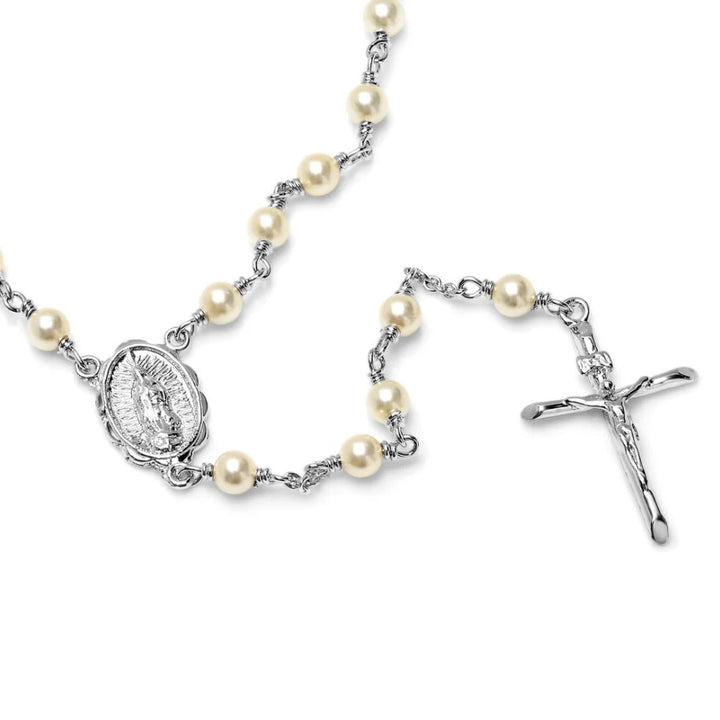 4mm Rhodium Plated Crystal Pearl Our Lady of Guadalupe Rosary