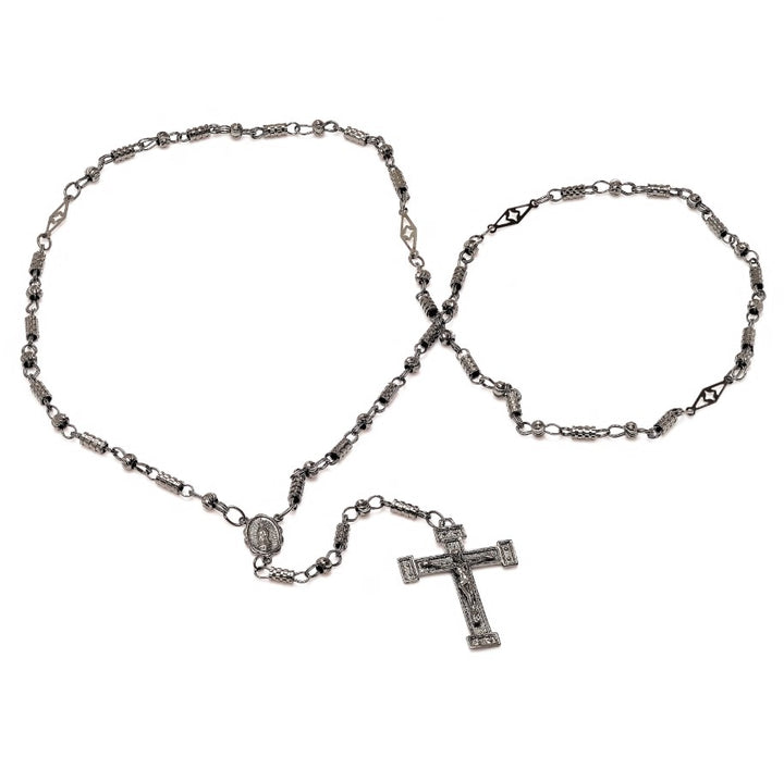 4mm x 8mm Rhodium Plated Diamond Cut Bullet Bead Rosary