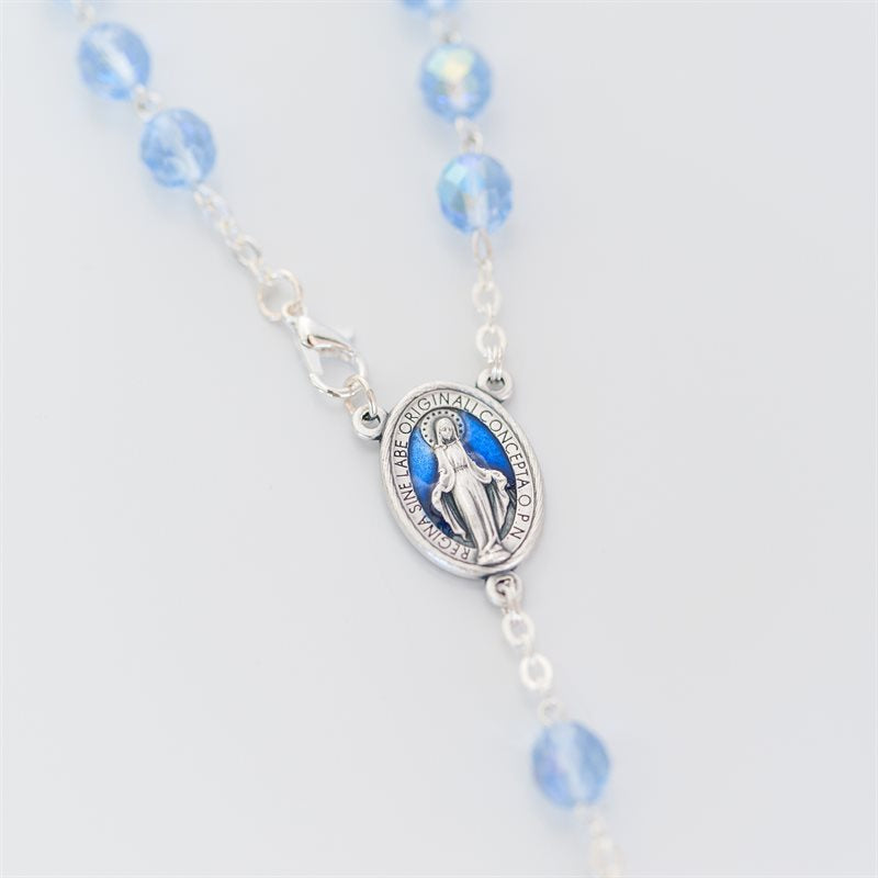 8mm Blue Crystal Miraculous Medal Auto Rosary