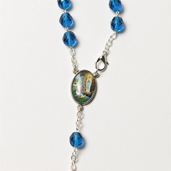 8mm Blue Crystal Our Lady of Lourdes Auto Rosary