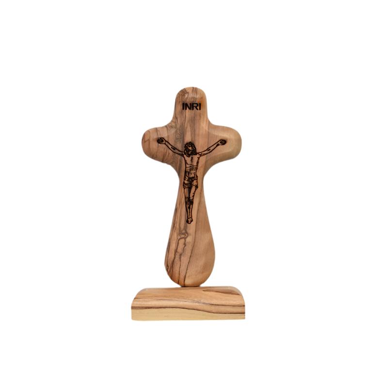 3.75" Olive Wood Comfort Crucifix with Base and Laser Etched Corpus