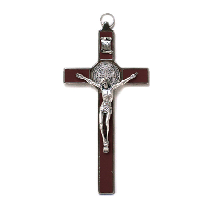 7.5" Saint Benedict Silver Crucifix with Brown Enamel