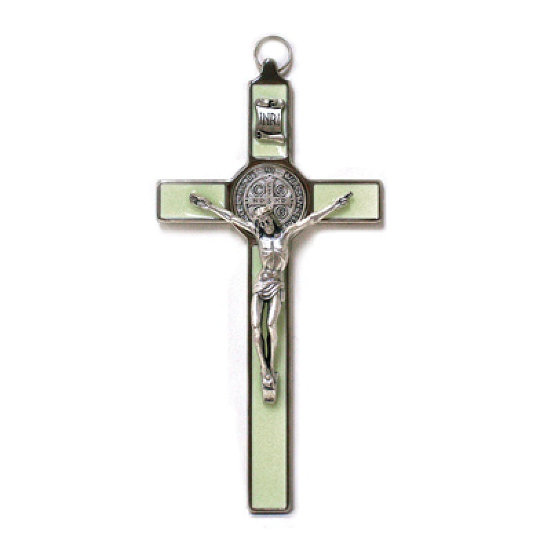 7.5" Saint Benedict Silver Crucifix with Luminous Enamel