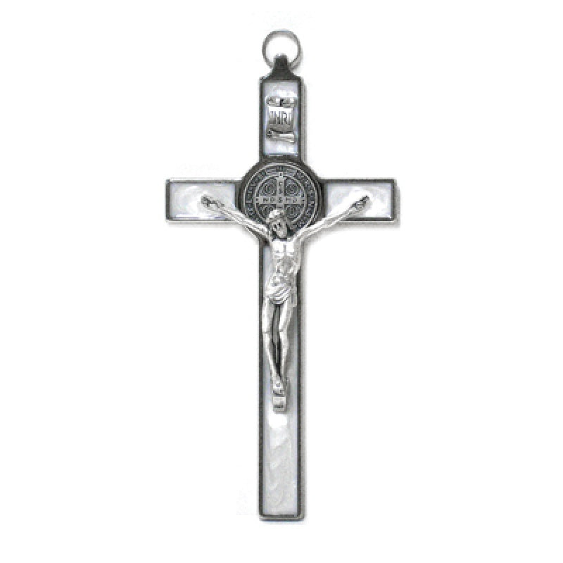 7.5" Saint Benedict Silver Crucifix with White Enamel