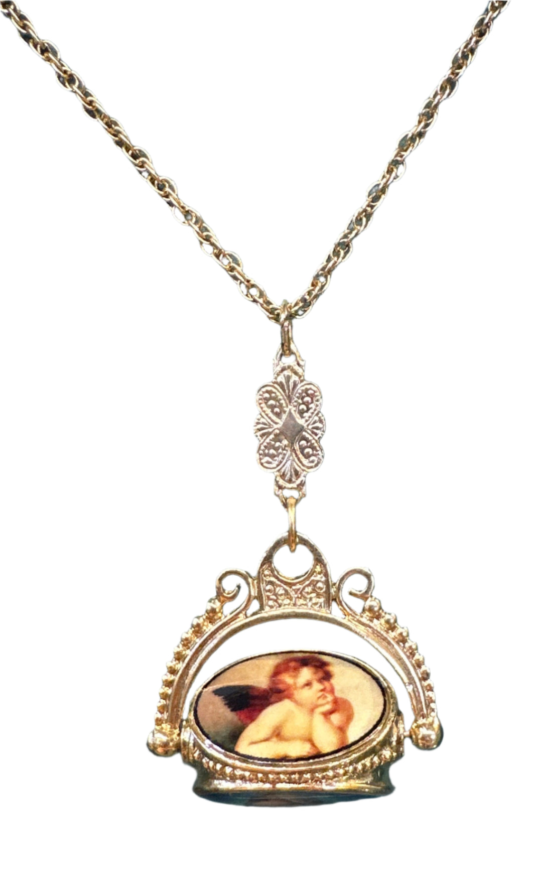 14KT Gold Dipped Madonna & Child/Cherub Enamel Spinner Necklace