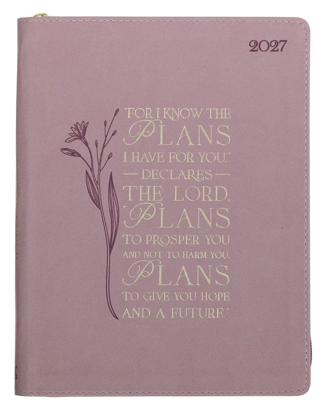2027 Plans Large Zippered Dusty Mauve Faux Leather 18-Month Planner for Women - Jeremiah 29:11