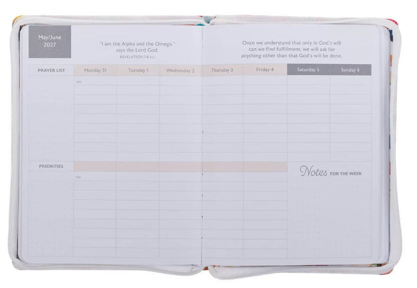 2027 Be Still and Know Large Zippered White Floral Faux Leather 18-Month Planner for Women - Psalm 46:10