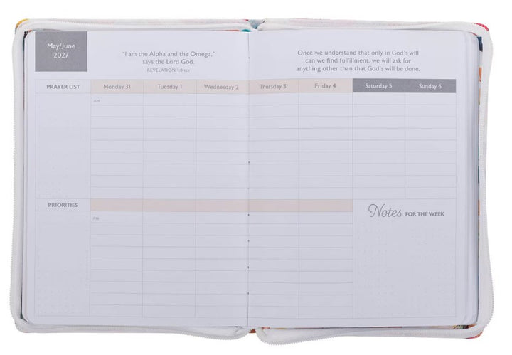 2027 Be Still and Know Large Zippered White Floral Faux Leather 18-Month Planner for Women - Psalm 46:10