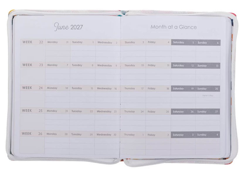 2027 Be Still and Know Large Zippered White Floral Faux Leather 18-Month Planner for Women - Psalm 46:10