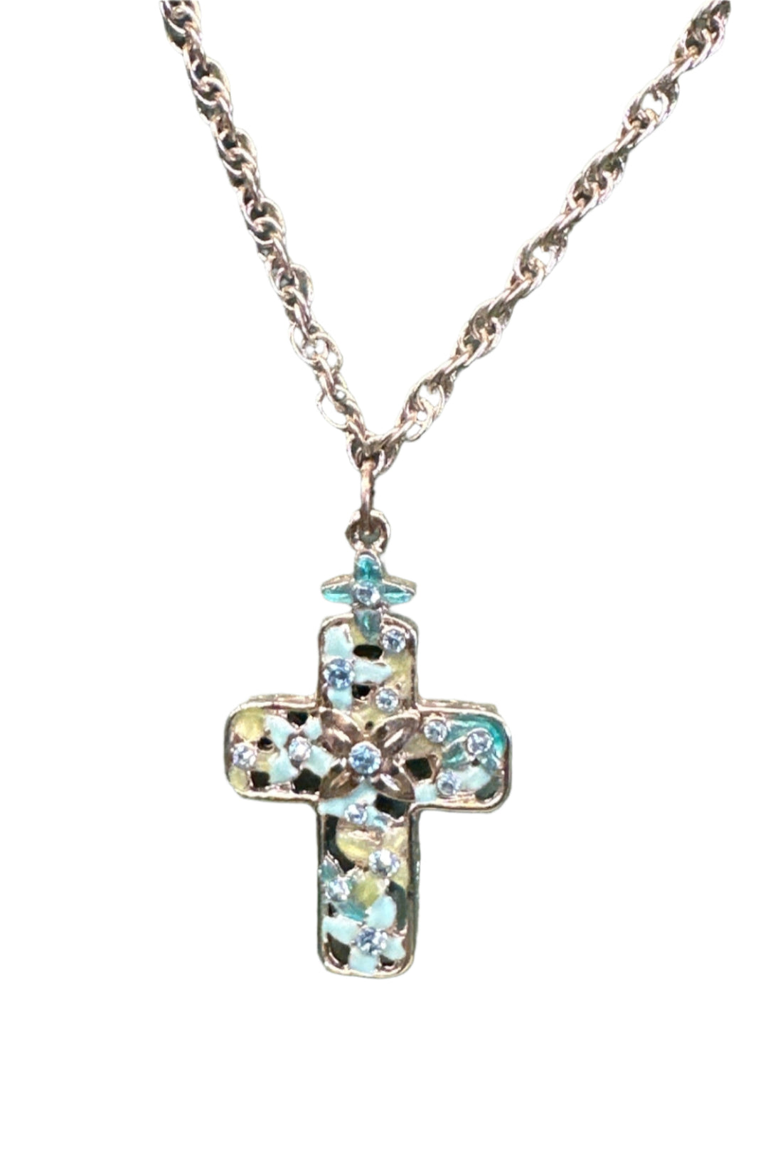 Blue/Green Flower Cross Necklace