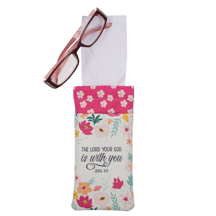 Lord is With You Pink Floral Faux Leather Double Eyeglass Case - Zephaniah 3:17