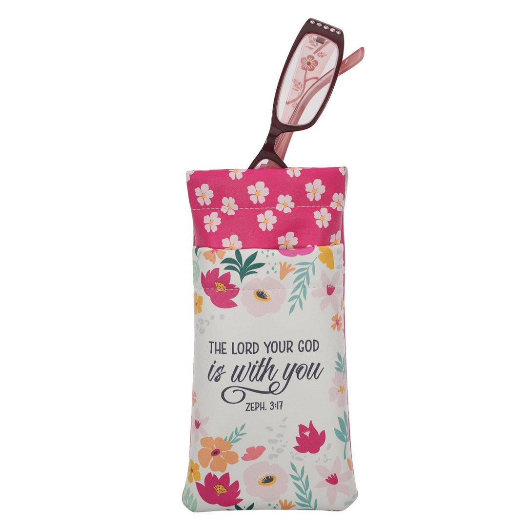 Lord is With You Pink Floral Faux Leather Double Eyeglass Case - Zephaniah 3:17