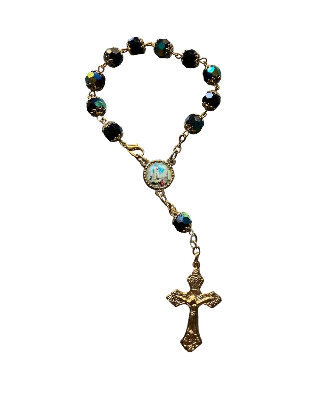 8mm Black Glass Our Lady of Fatima Auto Rosary