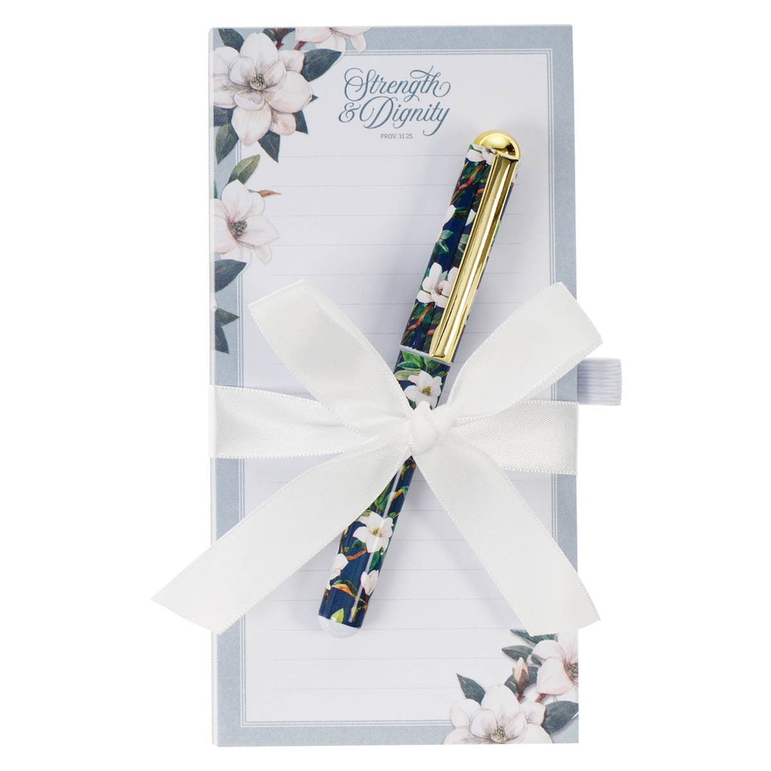 Strength and Dignity Blush Magnolia Magnetic Notepad and Pen Set - Proverbs 31:25