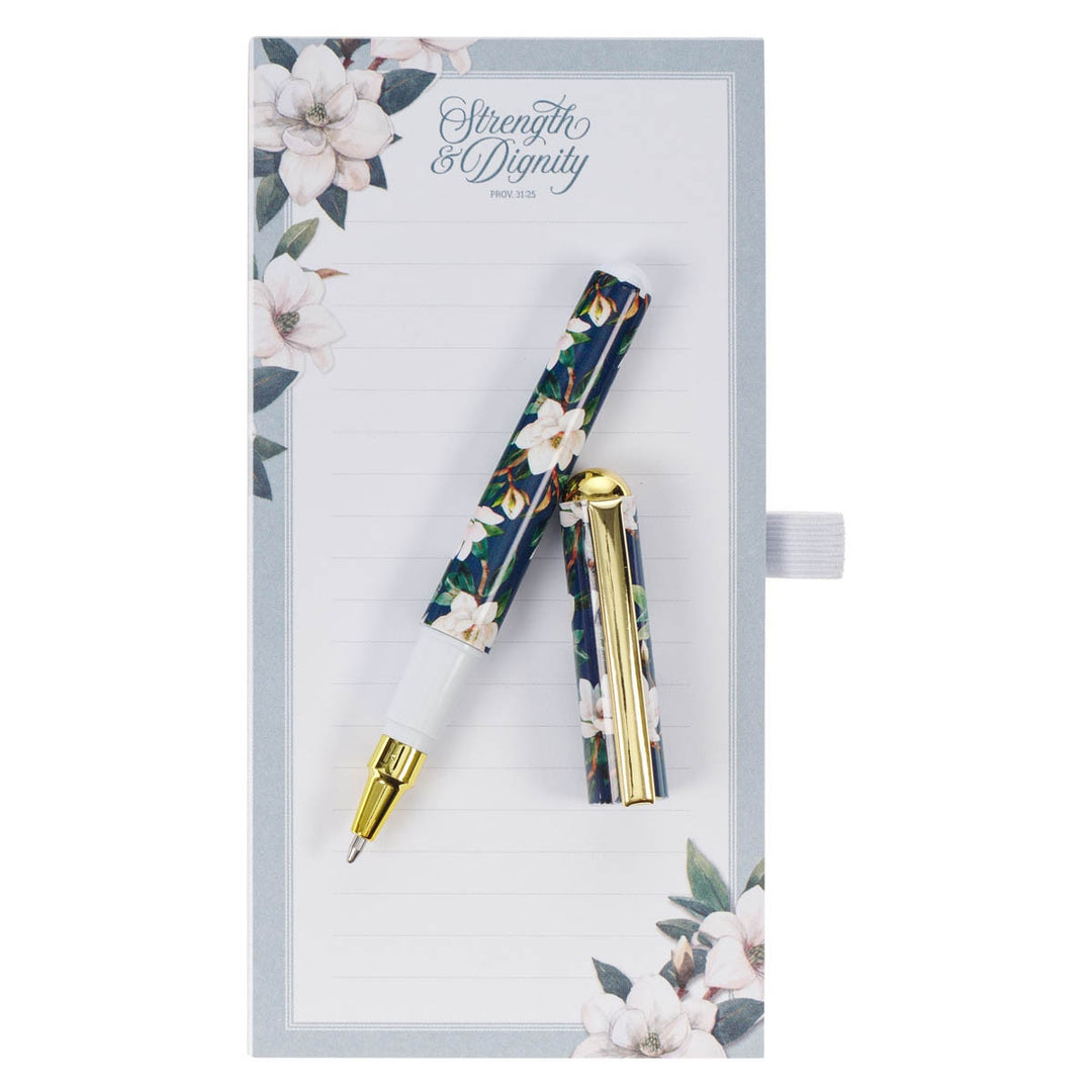 Strength and Dignity Blush Magnolia Magnetic Notepad and Pen Set - Proverbs 31:25