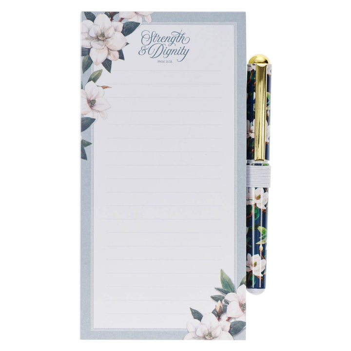 Strength and Dignity Blush Magnolia Magnetic Notepad and Pen Set - Proverbs 31:25