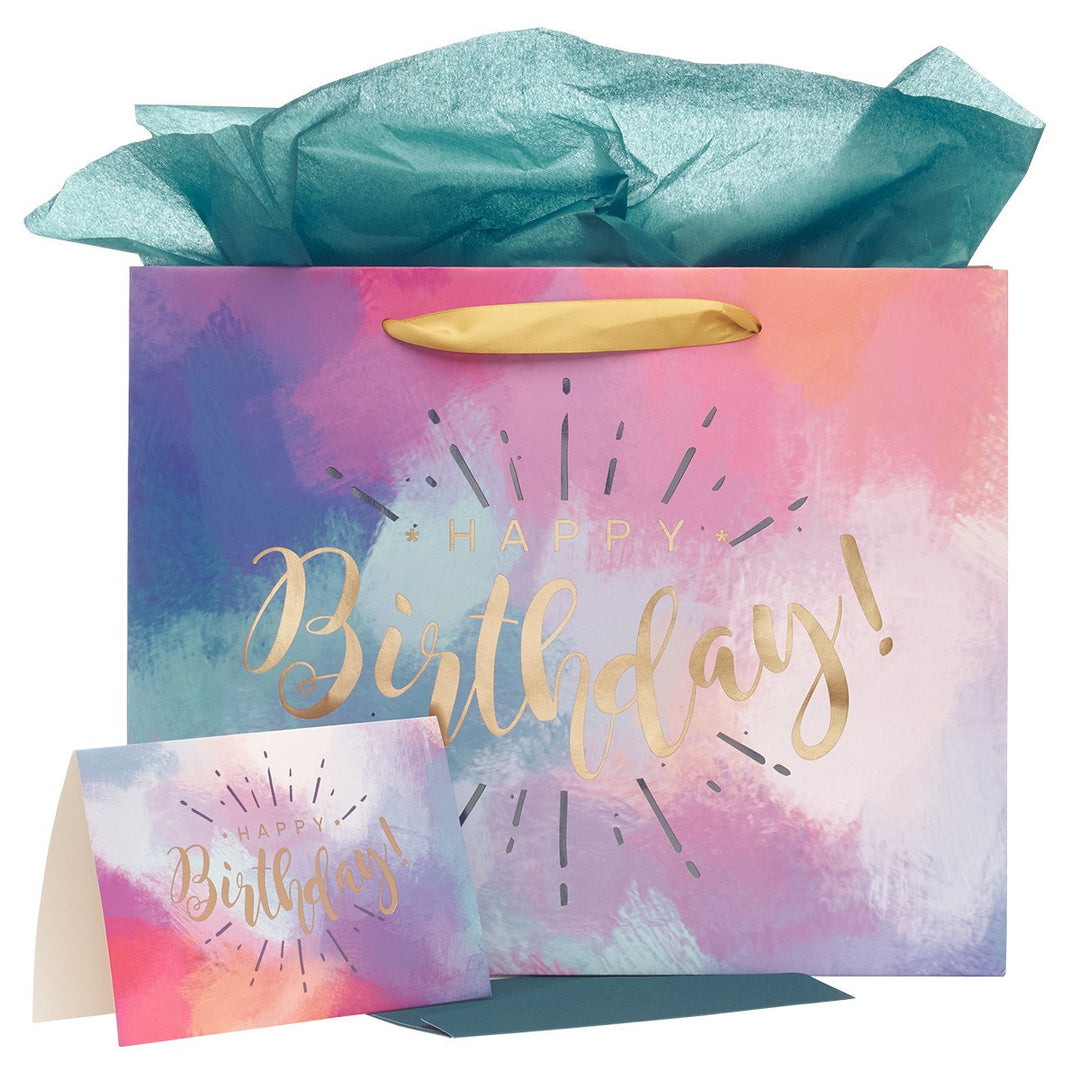 Happy Birthday Multicolored Large Gift Bag Set with Card and Tissue Paper