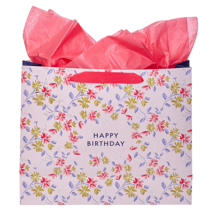 Happy Birthday Pink Flower Trellis Large Landscape Gift Bag Set with Card