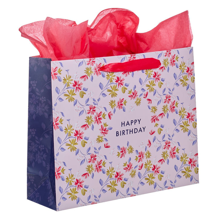 Happy Birthday Pink Flower Trellis Large Landscape Gift Bag Set with Card