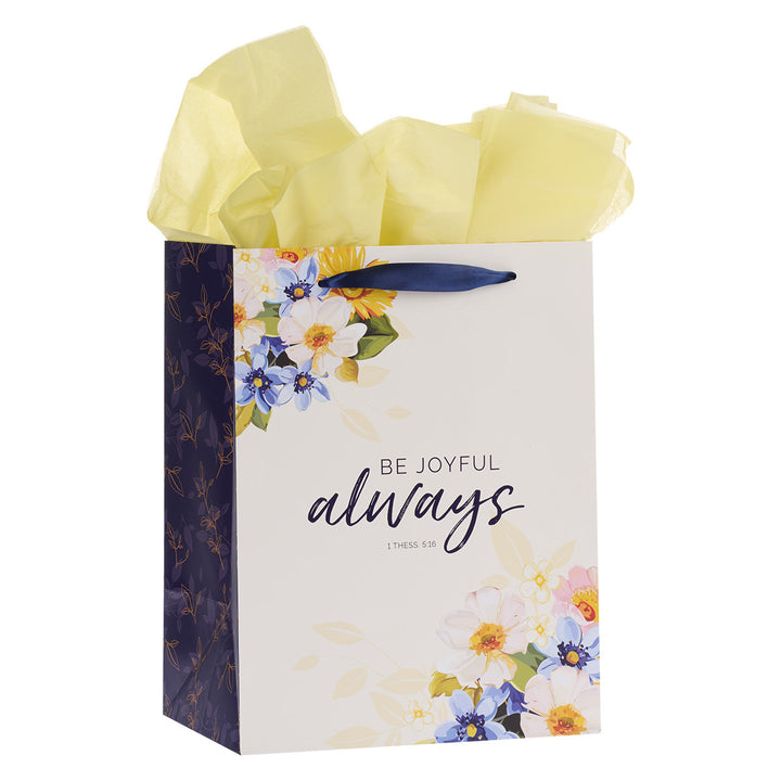 Be Joyful Always Yellow and Navy Blue Floral Portrait Gift Bag with Card Set – 1 Thessalonians 5:16