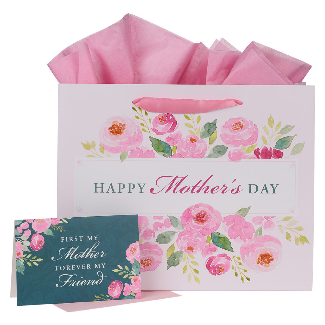 Happy Mother's Day Pink Peony Large Landscape Gift Bag with Card