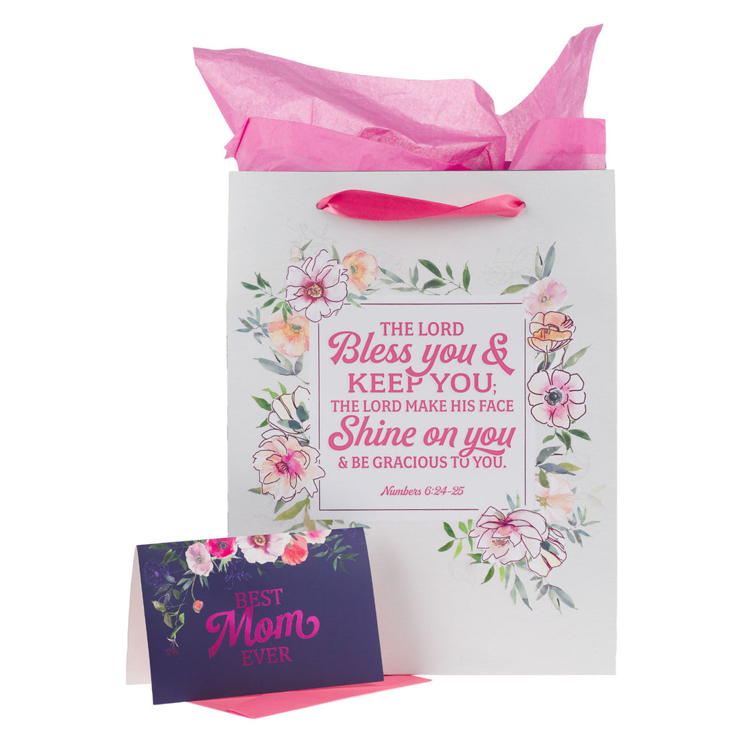 Bless You and Keep You Pink Floral Large Portrait Gift Bag with Card Set - Numbers 6:24-25