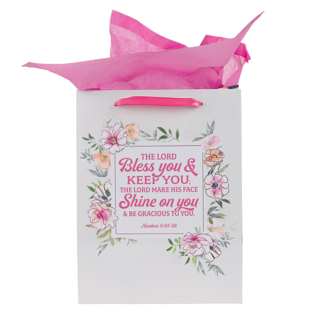 Bless You and Keep You Pink Floral Large Portrait Gift Bag with Card Set - Numbers 6:24-25