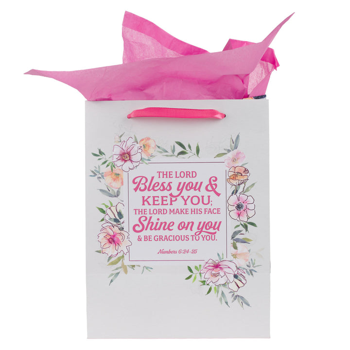 Bless You and Keep You Pink Floral Large Portrait Gift Bag with Card Set - Numbers 6:24-25