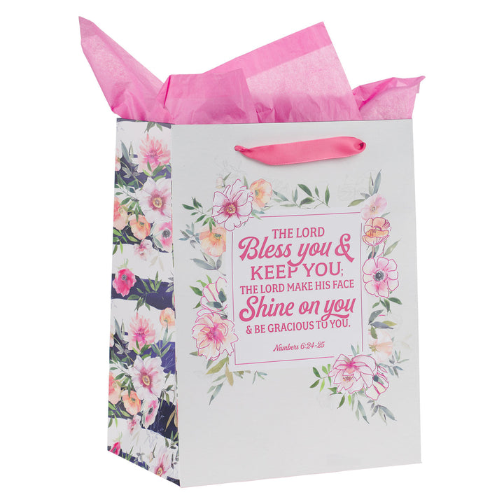 Bless You and Keep You Pink Floral Large Portrait Gift Bag with Card Set - Numbers 6:24-25