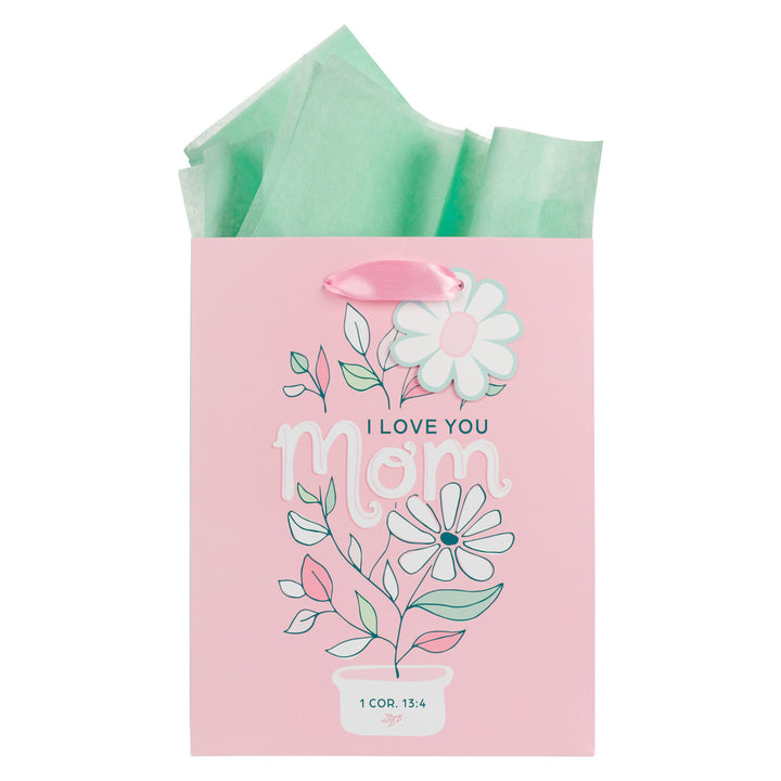 I Love You Mom Pink and White Daisy Medium Gift Bag - 1 Corinthians 13:4