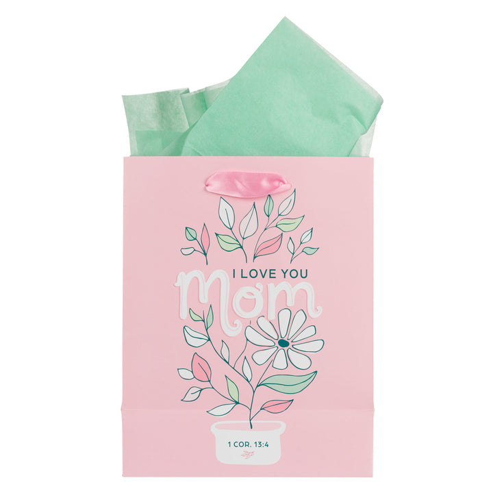 I Love You Mom Pink and White Daisy Medium Gift Bag - 1 Corinthians 13:4